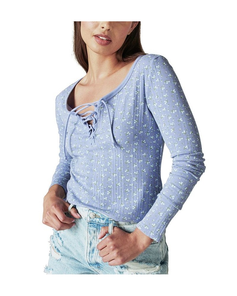 Ribbed Lace-Up Long-Sleeve Top Blue Multi $23.45 Tops