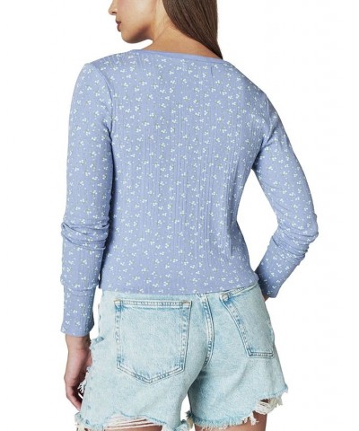 Ribbed Lace-Up Long-Sleeve Top Blue Multi $23.45 Tops