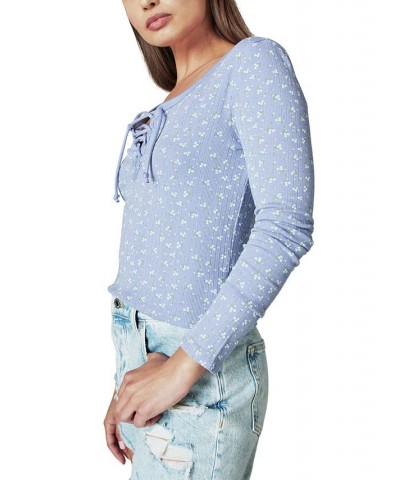 Ribbed Lace-Up Long-Sleeve Top Blue Multi $23.45 Tops