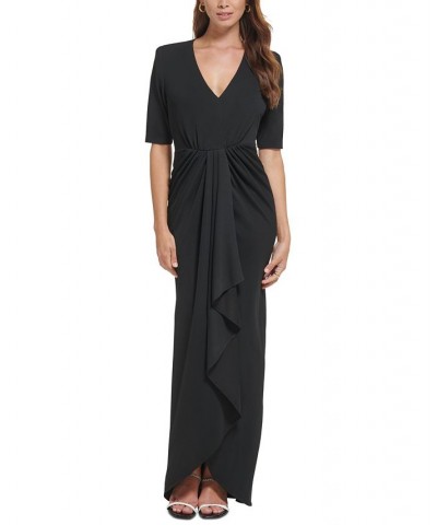 Women's Elbow-Sleeve Draped V-Neck Gown Black $60.86 Dresses