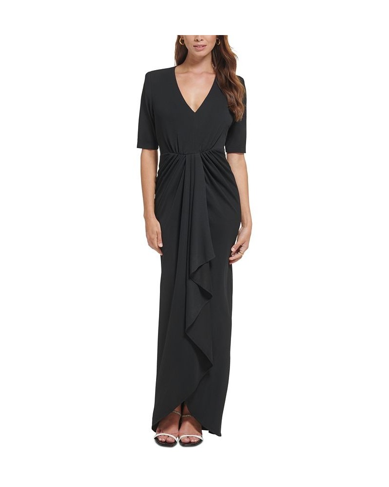 Women's Elbow-Sleeve Draped V-Neck Gown Black $60.86 Dresses