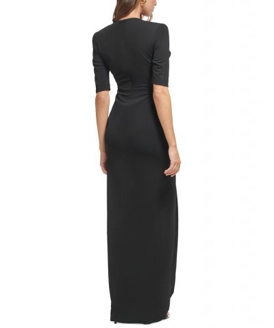 Women's Elbow-Sleeve Draped V-Neck Gown Black $60.86 Dresses