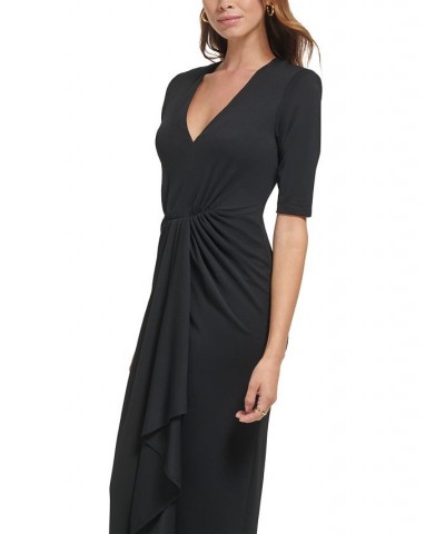 Women's Elbow-Sleeve Draped V-Neck Gown Black $60.86 Dresses