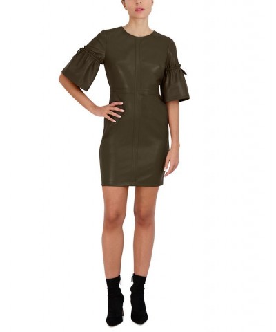 Women's Flare Sleeve Faux Leather Sheath Dress Olive $60.42 Dresses