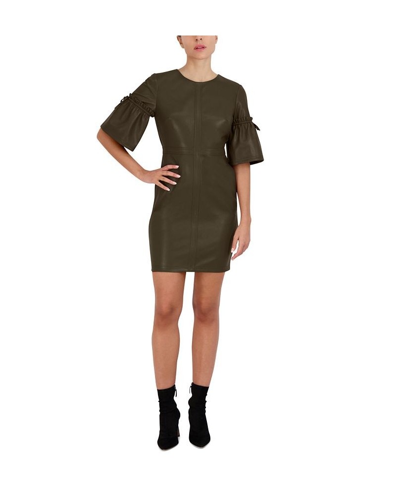 Women's Flare Sleeve Faux Leather Sheath Dress Olive $60.42 Dresses