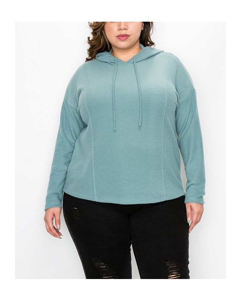 Plus Size Cozy Rib Long Sleeve Hoodie Top Blue $29.16 Sweatshirts