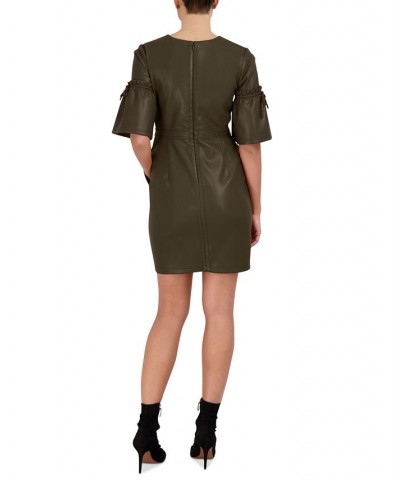 Women's Flare Sleeve Faux Leather Sheath Dress Olive $60.42 Dresses