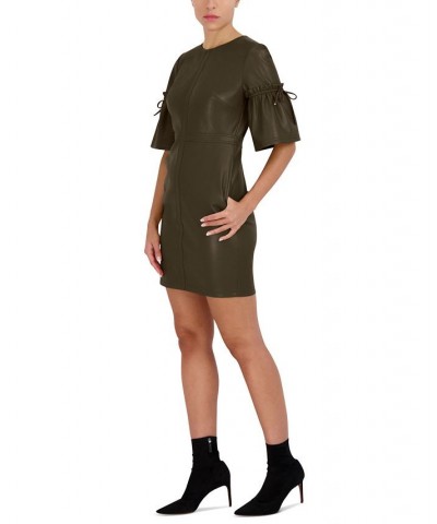 Women's Flare Sleeve Faux Leather Sheath Dress Olive $60.42 Dresses