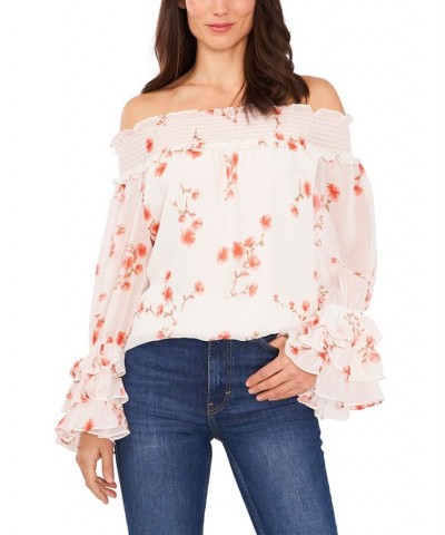 Women's Long Sleeve Smocked Off-The-Shoulder Top Multi $29.75 Tops