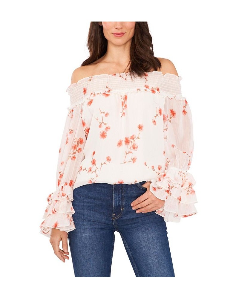 Women's Long Sleeve Smocked Off-The-Shoulder Top Multi $29.75 Tops