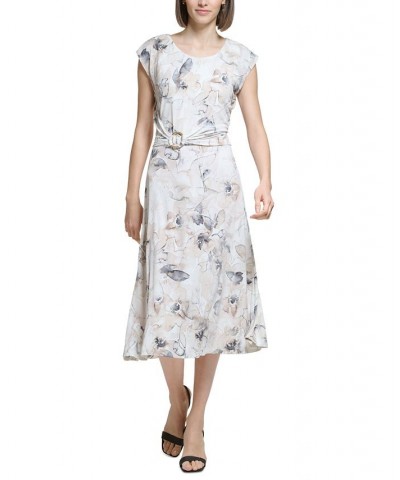 Women's Printed Jewel-Neck Cap-Sleeve Midi Dress Oatmeal Multi $62.01 Dresses