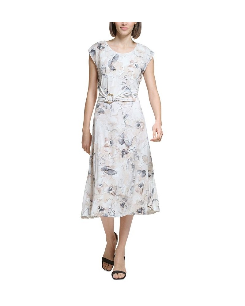 Women's Printed Jewel-Neck Cap-Sleeve Midi Dress Oatmeal Multi $62.01 Dresses