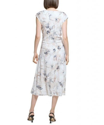 Women's Printed Jewel-Neck Cap-Sleeve Midi Dress Oatmeal Multi $62.01 Dresses