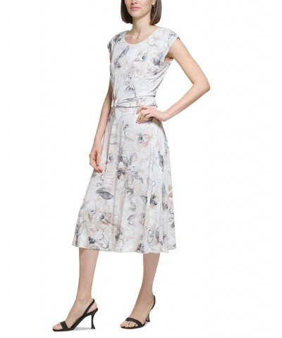 Women's Printed Jewel-Neck Cap-Sleeve Midi Dress Oatmeal Multi $62.01 Dresses