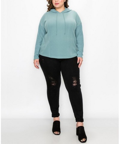 Plus Size Cozy Rib Long Sleeve Hoodie Top Blue $29.16 Sweatshirts