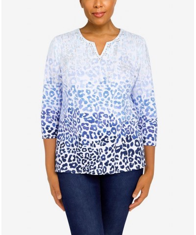 Women's Classics Split Neck Animal Ombre 3/4 Sleeve Top Denim $35.48 Tops