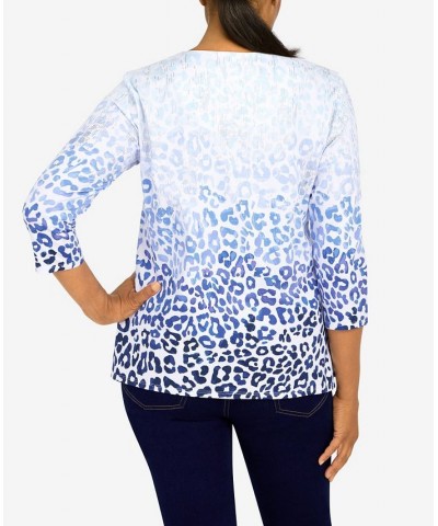 Women's Classics Split Neck Animal Ombre 3/4 Sleeve Top Denim $35.48 Tops