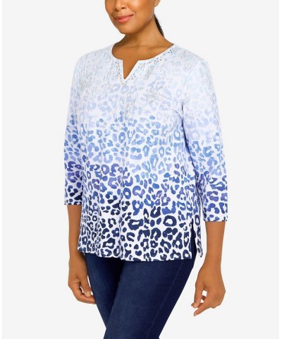 Women's Classics Split Neck Animal Ombre 3/4 Sleeve Top Denim $35.48 Tops