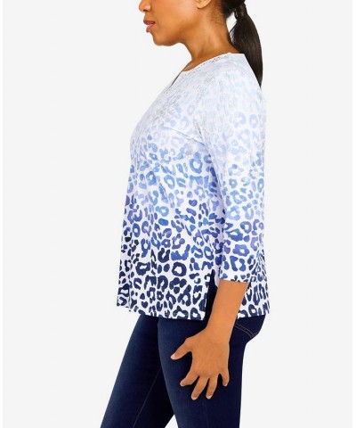 Women's Classics Split Neck Animal Ombre 3/4 Sleeve Top Denim $35.48 Tops