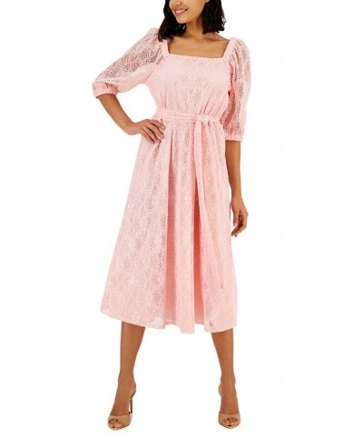 Women's Square-Neck Lace Belted A-Line Dress Cherry Blossom $36.34 Dresses