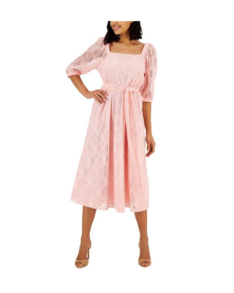 Women's Square-Neck Lace Belted A-Line Dress Cherry Blossom $36.34 Dresses