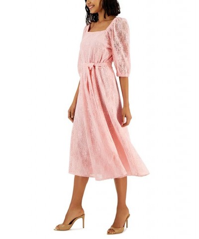 Women's Square-Neck Lace Belted A-Line Dress Cherry Blossom $36.34 Dresses