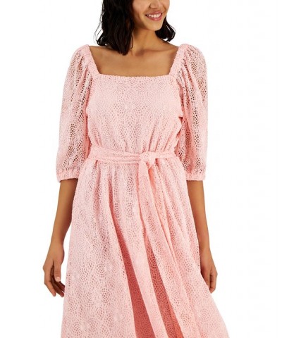 Women's Square-Neck Lace Belted A-Line Dress Cherry Blossom $36.34 Dresses