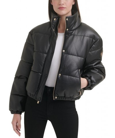 Women's Faux-Leather Puffer Coat Black $59.20 Coats