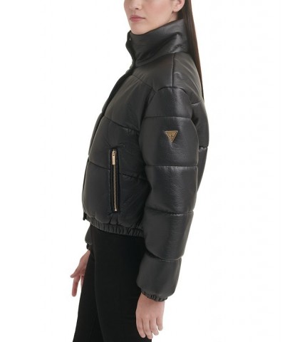 Women's Faux-Leather Puffer Coat Black $59.20 Coats