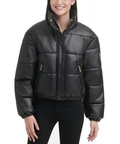 Women's Faux-Leather Puffer Coat Black $59.20 Coats