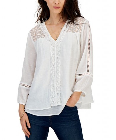 Women's 3/4-Sleeve Embroidered Lace Top Shitake $13.90 Tops