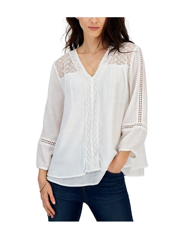 Women's 3/4-Sleeve Embroidered Lace Top Shitake $13.90 Tops