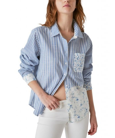 Laura Ashley x Women's Mixed-Print Boyfriend Shirt Blue $42.79 Tops