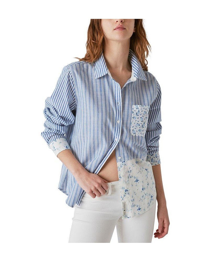 Laura Ashley x Women's Mixed-Print Boyfriend Shirt Blue $42.79 Tops