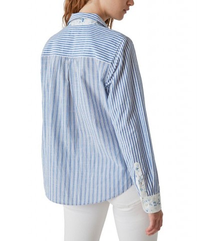 Laura Ashley x Women's Mixed-Print Boyfriend Shirt Blue $42.79 Tops