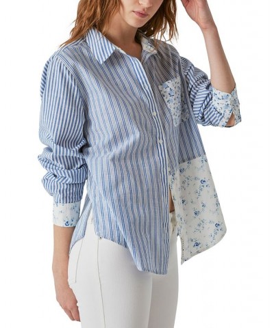 Laura Ashley x Women's Mixed-Print Boyfriend Shirt Blue $42.79 Tops