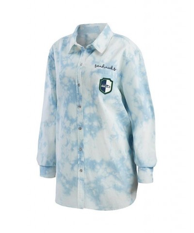 Women's Denim Seattle Seahawks Chambray Acid-Washed Long Sleeve Button-Up Shirt Denim $37.94 Tops