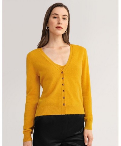 Cashmere Knitted V-neck Cardigan for Women Yellow $52.39 Sweaters