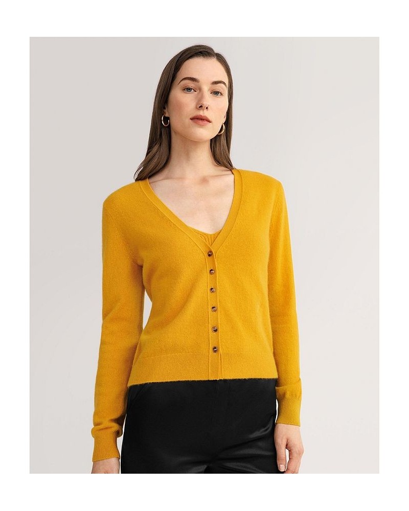 Cashmere Knitted V-neck Cardigan for Women Yellow $52.39 Sweaters