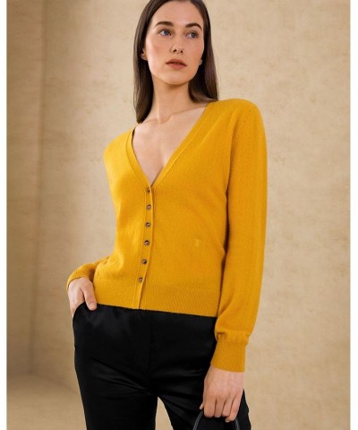 Cashmere Knitted V-neck Cardigan for Women Yellow $52.39 Sweaters