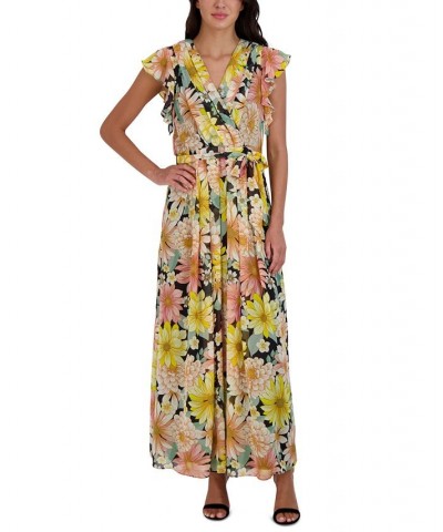 Flutter-Sleeve Printed Chiffon Maxi Dress Black Multi $45.15 Dresses