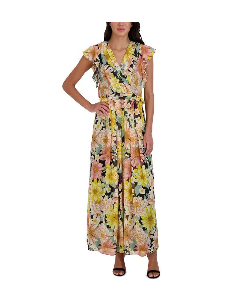 Flutter-Sleeve Printed Chiffon Maxi Dress Black Multi $45.15 Dresses