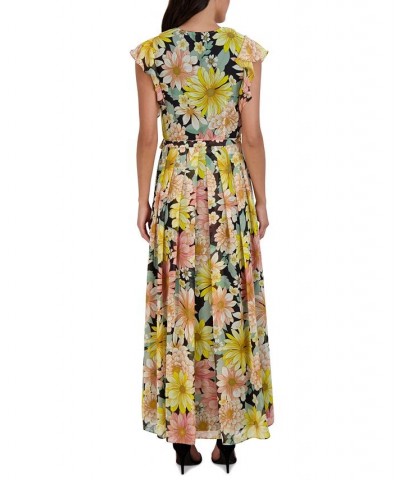 Flutter-Sleeve Printed Chiffon Maxi Dress Black Multi $45.15 Dresses