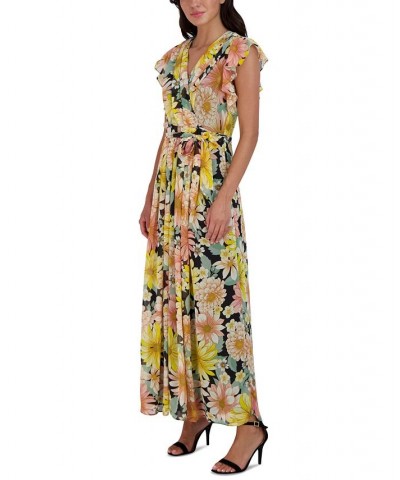 Flutter-Sleeve Printed Chiffon Maxi Dress Black Multi $45.15 Dresses