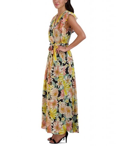 Flutter-Sleeve Printed Chiffon Maxi Dress Black Multi $45.15 Dresses