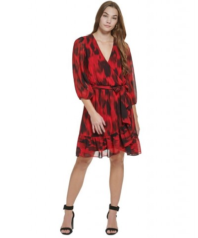 Women's Long Sleeve Printed Faux Wrap Dress Rouge/Black $28.92 Dresses