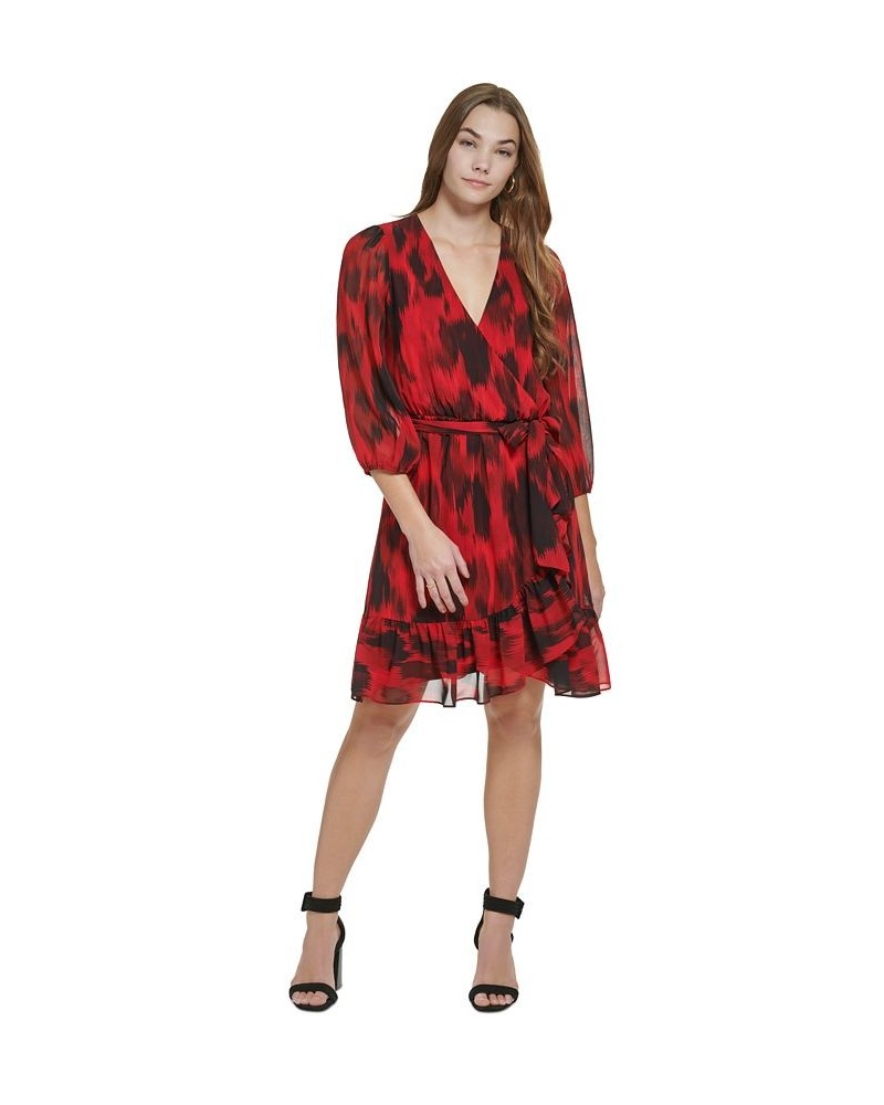 Women's Long Sleeve Printed Faux Wrap Dress Rouge/Black $28.92 Dresses