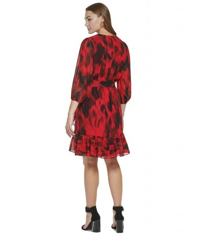 Women's Long Sleeve Printed Faux Wrap Dress Rouge/Black $28.92 Dresses