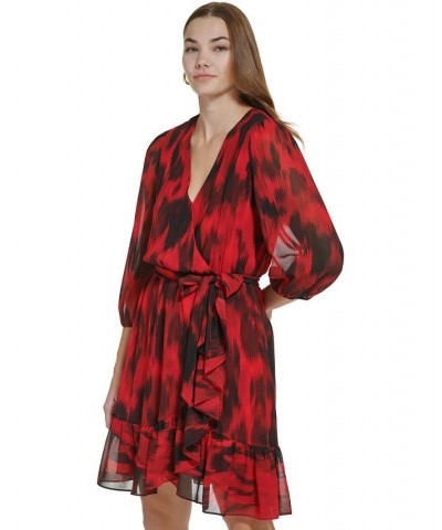 Women's Long Sleeve Printed Faux Wrap Dress Rouge/Black $28.92 Dresses