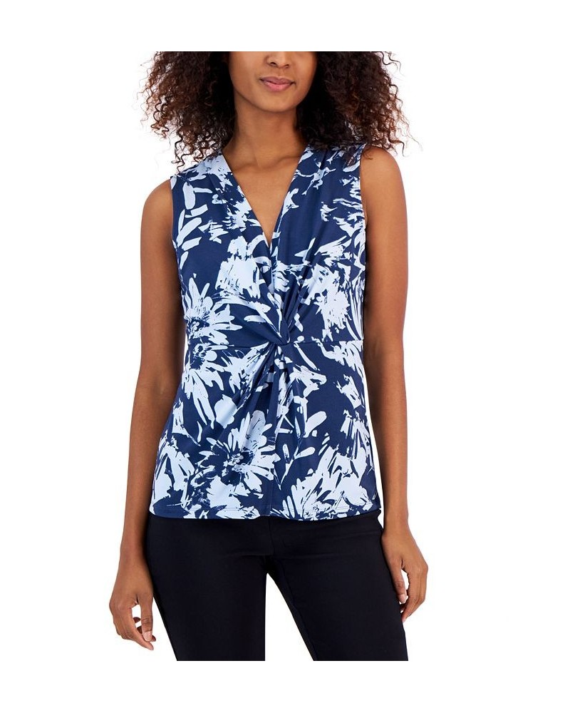 Petite Printed V-Neck Twist-Front Tank Blue $17.55 Tops